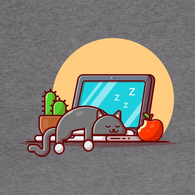 Cute Cat Sleeping On Laptop With Apple And Cactus Cartoon Vector Icon Illustration by Catalyst Labs